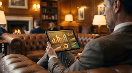 Senior executive reviewing business analytics on tablet in luxury lounge