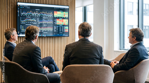 Executives reviewing financial data screen during modern meeting
