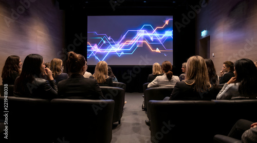 Audience in dark theater looking at glowing abstract data visualization on screen