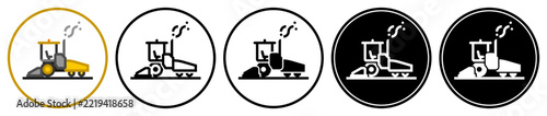 Flat asphalt paver icons in outlined, solid, and inverted styles