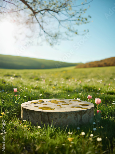 Flat mossy stone podium in green spring meadow with pink tulips - Product display concept - Vertical portrait