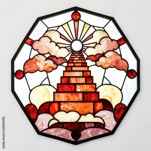 Stained glass window depicting stairway to heaven and sun rays