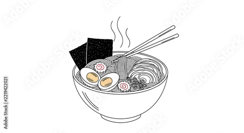 Detailed line art sketch of a ramen noodle bowl