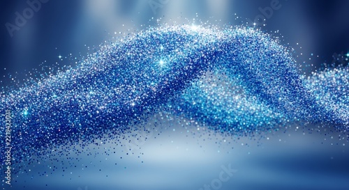 Abstract Blue Glitter Wave with Sparkling Particles.