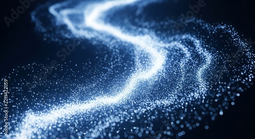 Abstract blue glowing particles flowing in a wavy path, creating a dynamic and energetic light trail on a dark background.