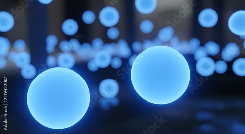 Abstract blue glowing spheres floating in a dark, futuristic environment, representing data, energy, or microscopic elements.