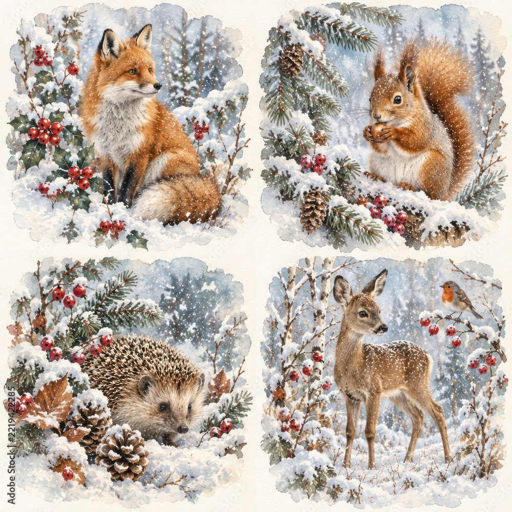 Fototapeta premium Cute Winter Woodland Animals Watercolor Illustration Set with Fox, Squirrel, Hedgehog and Deer