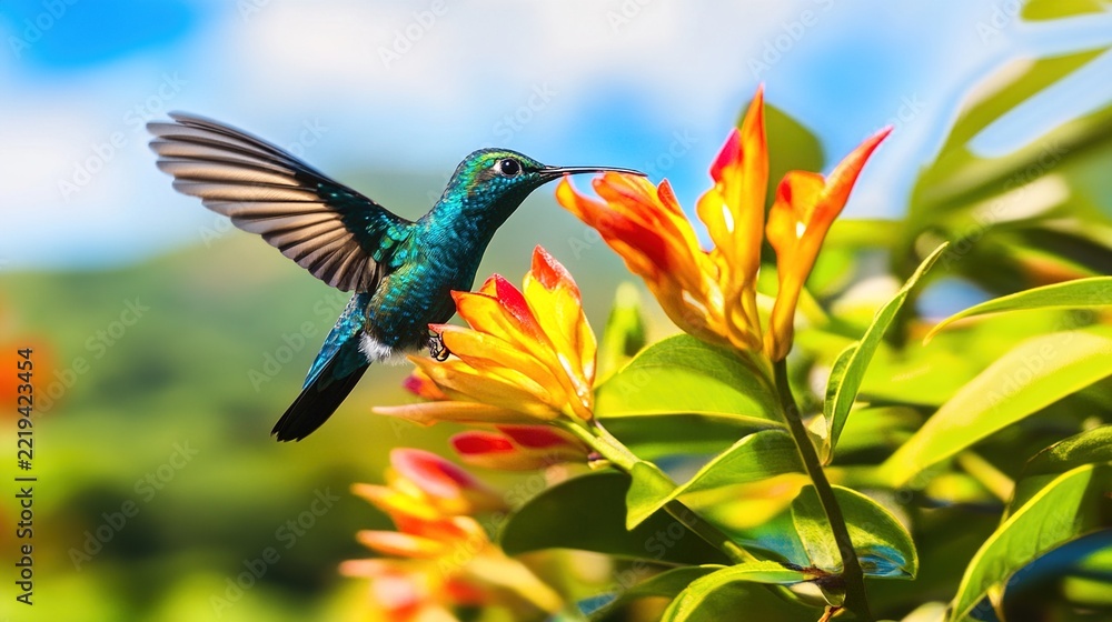 Fototapeta premium hummingbird. A hummingbird feeding from a flower, wings creating air vortices in slow motion. wildlife magazines, conservation campaigns, designed for wildlife conservation campaigns.