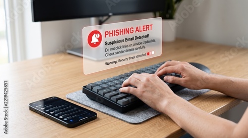 Holographic phishing alert warning floating above keyboard, suspicious email detection notification, cybersecurity threat protection, internet safety awareness, anti-fraud system