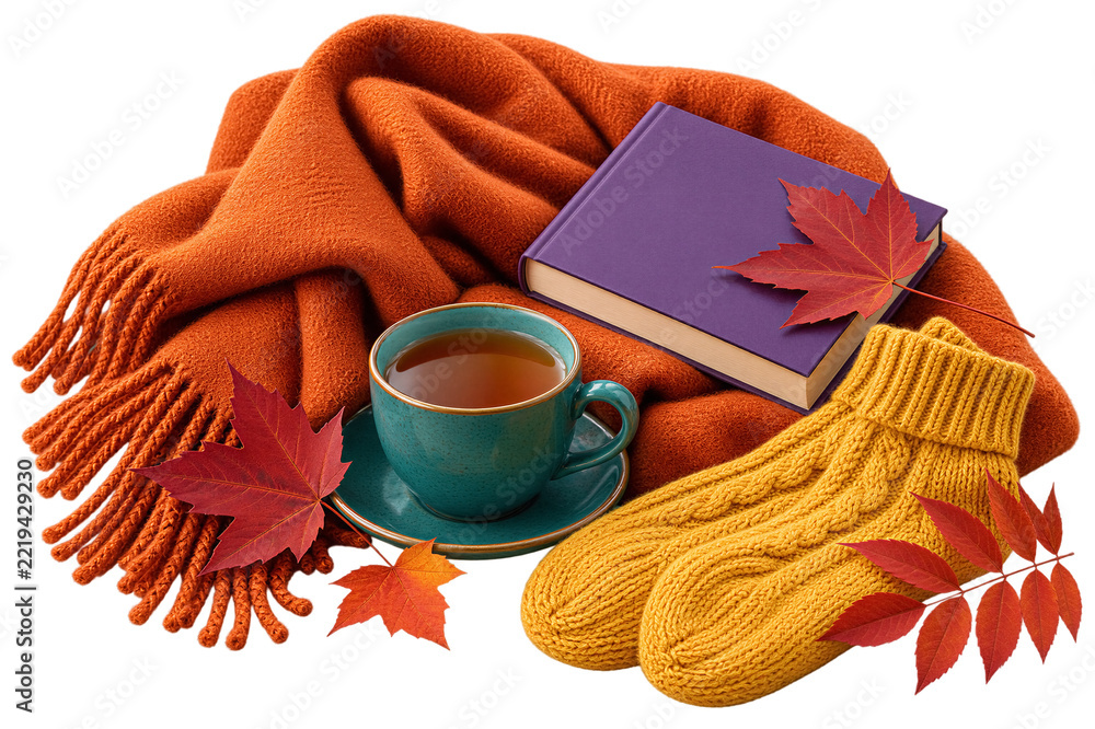 Fototapeta premium Cozy autumn arrangement with orange woolen scarf, teal tea cup, purple book, yellow mittens and red maple leaves, isolated on transparent background. Warm seasonal comfort