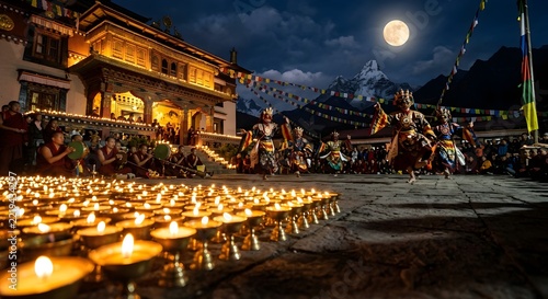 Low angle view of bright butter lamps illuminating a courtyard with masked Cham dancers and monastery under full moon.