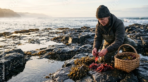 Woman harvesting edible seaweed on rocky coast at low tide
