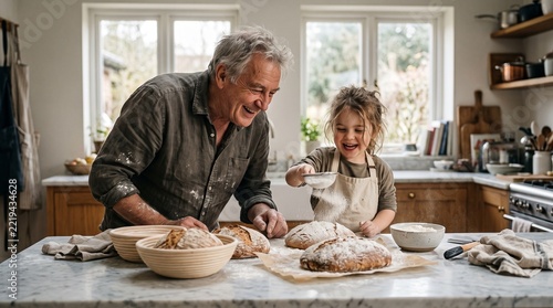 Grandfather and girl dusting flour on bread in home kitchen