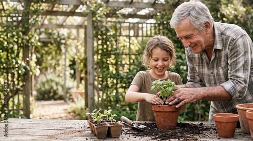 Grandfather and granddaughter planting seedling in garden