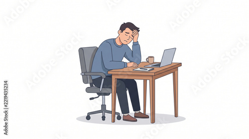 Tired Man Sitting at Desk Working on Laptop Feeling Overwhelmed by Daily Professional Tasks