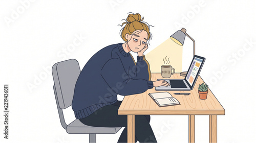 Tired Exhausted Woman Working Late on Laptop at Desk Vector Illustration