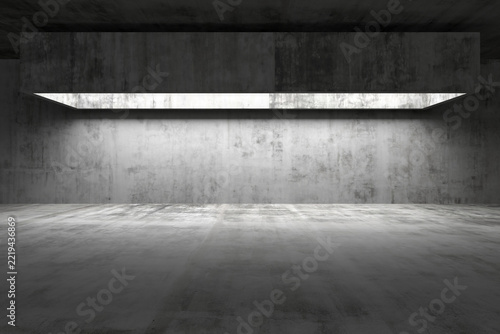 Empty concrete gallery interior with horizontal skylight light shelf for architectural background and visualization