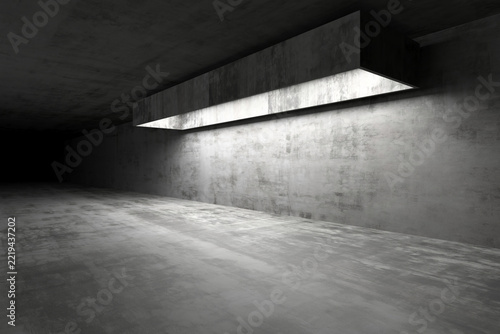 Industrial concrete interior with large suspended light trough for dramatic banner or modern background wallpaper design