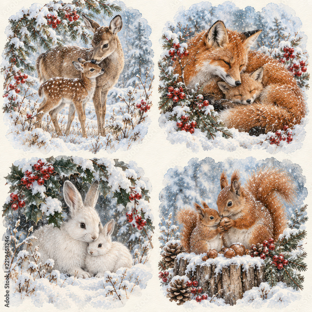Fototapeta premium Cute Winter Animal Families Watercolor Set with Deer, Foxes, White Rabbits and Squirrels in Snow