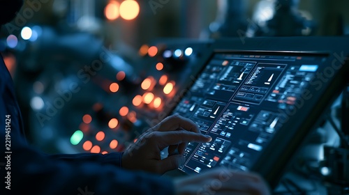 Close up of person hand touching futuristic touch screen interface in dark control room.