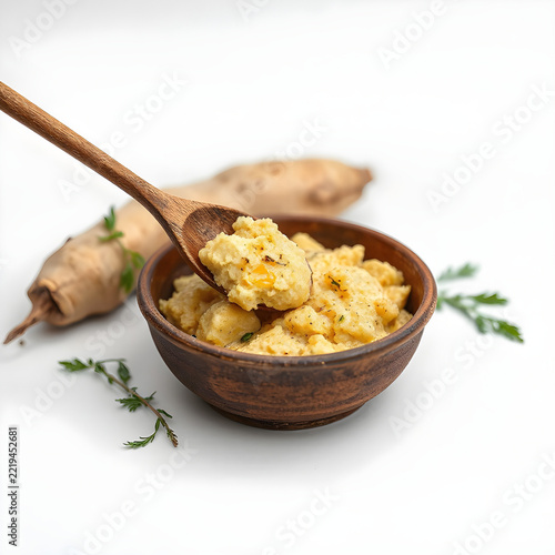 Traditional Brazilian farofa toasted cassava flour with bacon, onion, and parsley