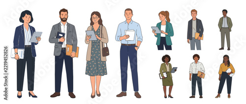 Diverse Business Professionals Group Standing Isolated White Background Holding Documents