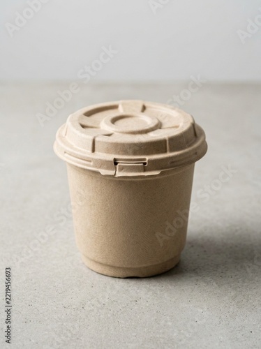 Eco-friendly disposable coffee cup with lid made from recycled paper pulp, sustainable biodegradable packaging for takeaway hot drinks, minimalist studio shot on textured grey background, zero waste