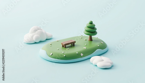 Cute 3D rendering miniature park island with bench tree and white clouds on pastel blue background