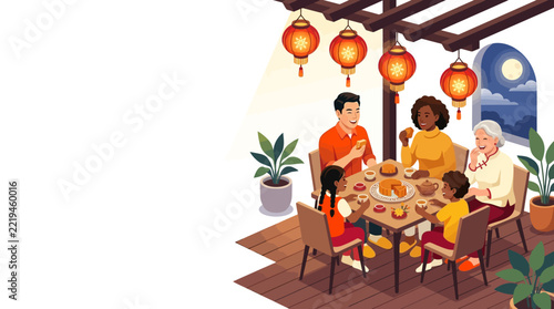 Diverse Family Enjoying Outdoor Dinner Under Lanterns at Night