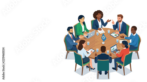 Diverse Business Team Meeting Around Circular Table, Discussing Ideas