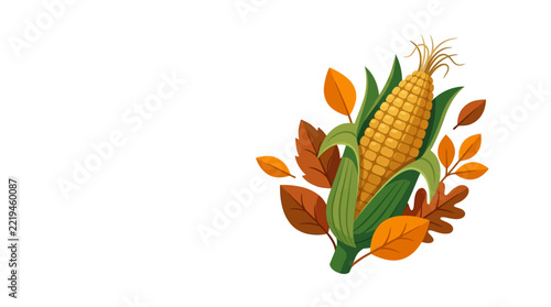 Autumn Corn Cob with Fall Leaves - Thanksgiving Harvest Illustration