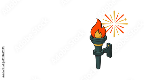Burning Torch with Fireworks on White Background - Symbol of Victory and Celebration
