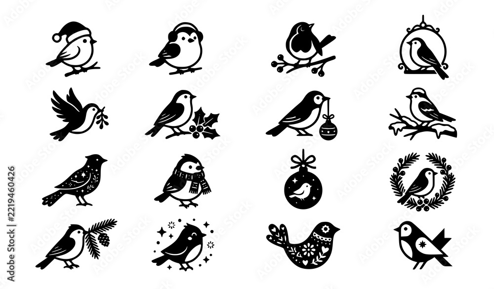 Fototapeta premium Cute Christmas Bird Black Vector Icon Collection