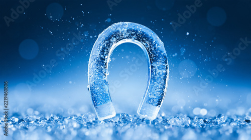 A close-up of a horseshoe magnet surrounded by water droplets with a blue bokeh background.