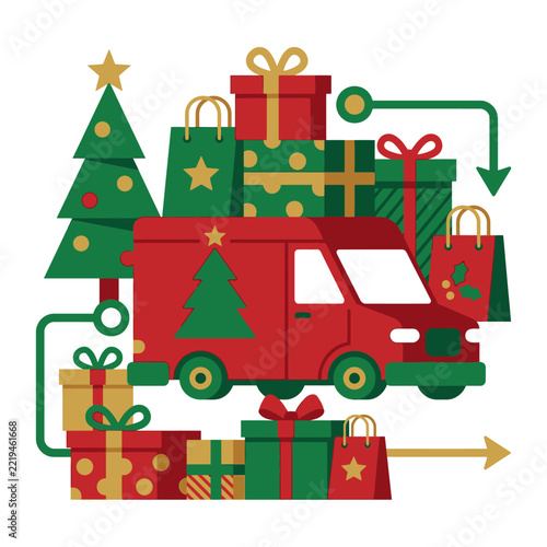 Red Delivery Truck Loaded With Christmas Gifts.
