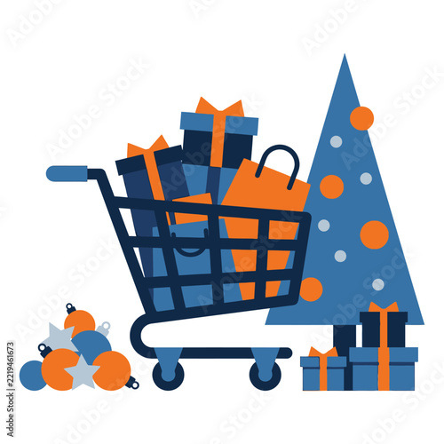ShoppingCartWithHolidayGiftsAndDecorativeTree.