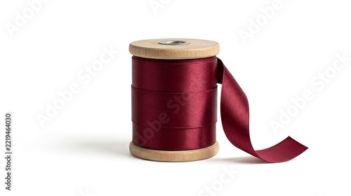 Burgundy satin ribbon wrapped around wooden spool isolated on white