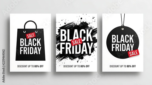 Black friday sale flyers and posters design set with discount tags and shopping bags in modern style