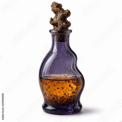 Vintage Purple Glass Bottle with Herb Infusion and Unique Cork Stopper Background Isolated on White
