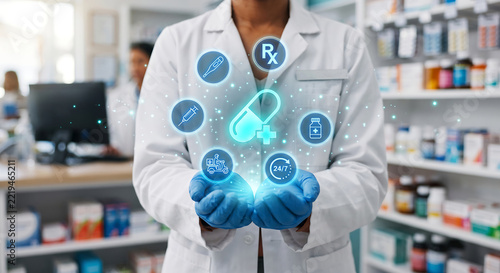 Pharmacist Holding Glowing Pill Hologram with Online Pharmacy Delivery Prescription and Healthcare Service Icons   