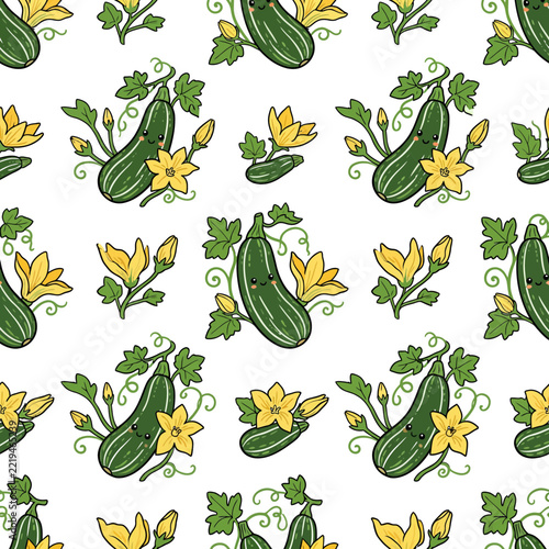 Cute Zucchini with Yellow Flowers Seamless Pattern, Kawaii Vegetable Illustration