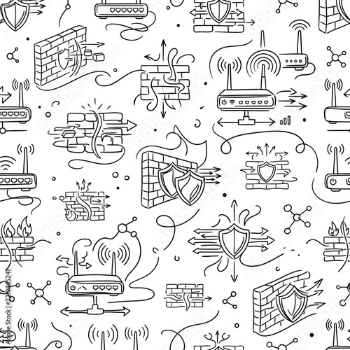 Cybersecurity Firewall Protection and Network Security Vector Doodle Pattern