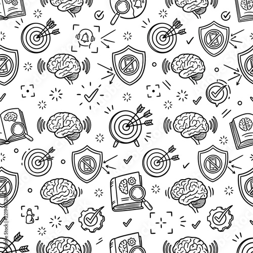 Doodle Brainstorming, Idea Generation, Target Achievement, Protection Icons Seamless Pattern