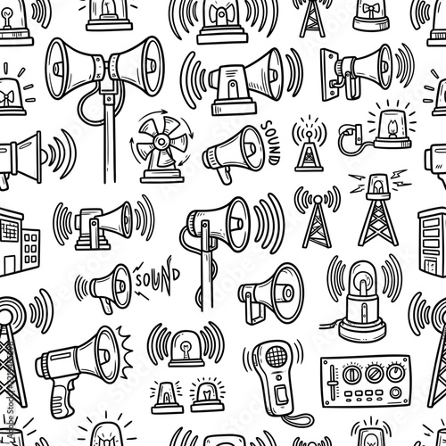 Doodle Seamless Pattern: Megaphone, Siren, Speaker, Alarm, Sound Wave, Radio Tower
