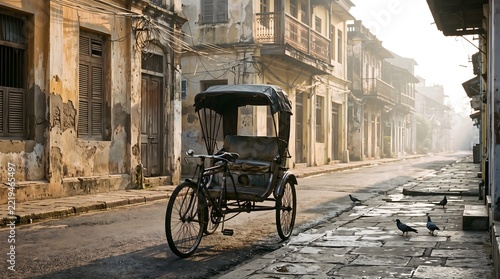 Traditional bicycle rickshaw parked on a narrow historic street in an old Asian colonial town.