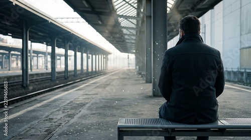 Lonely man sitting on a bench at an empty train station, rear view of a traveler waiting on a deserted railway platform, cinematic urban solitude and transportation concept imagery