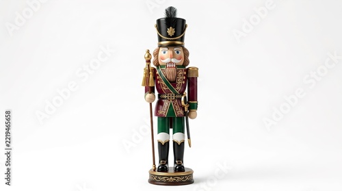 Traditional wooden nutcracker soldier in military uniform on white background