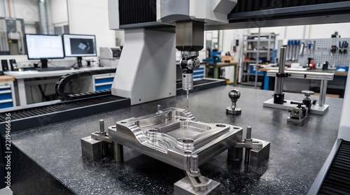 Precision Coordinate Measuring Machine inspecting metal mechanical component inside advanced manufacturing facility.