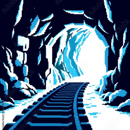 Pixel art snowy railway tunnel with bright light at the end
