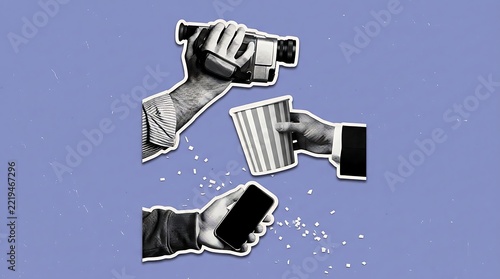 Retro collage of hands holding vintage camcorder, popcorn bucket and smartphone, creative multimedia entertainment concept, zine style cutout art on lavender background, film media.